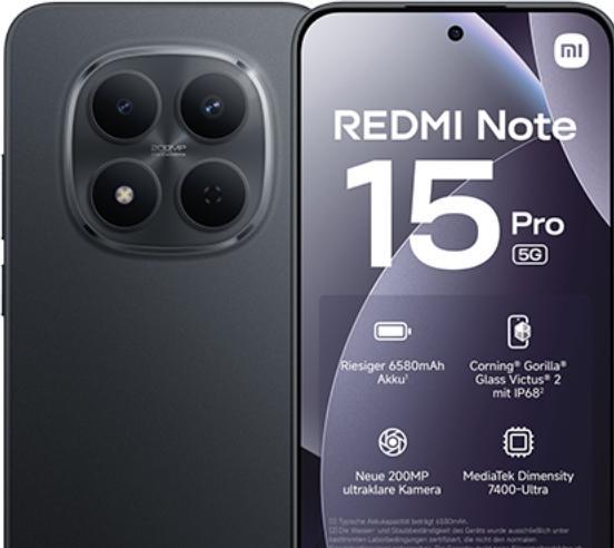 Actual product image Xiaomi Redmi Note 15 Pro 5G (512 GB, Black, 6.83", Dual SIM, 5G)