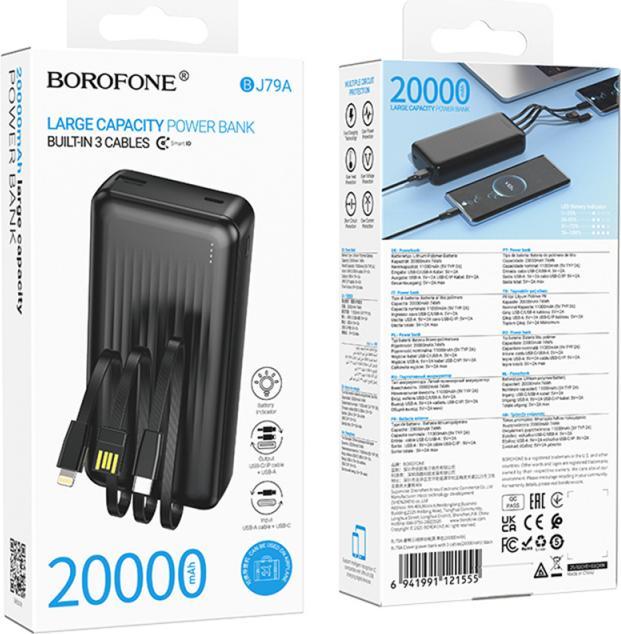 Actual product image Borofone Powerbank 20000mAh BJ79A Clever - USB - mit Typ-C- und Lightning-Kabeln, schwarz (20000 mAh, 10 W, 74 Wh)