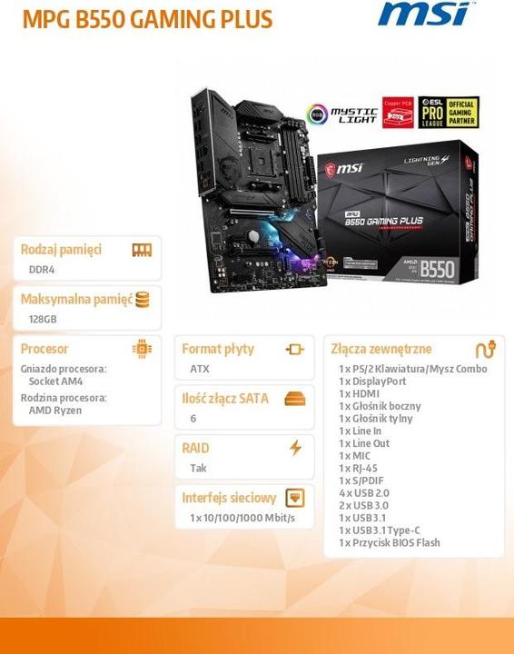 Productafbeelding MSI MPG B550 GAMING PLUS (AM4, AMD B550, ATX)