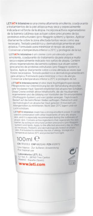Nährwerte und Zutaten Leti LETIAT4 Atopic Skin Intensivcreme, 100 ml Creme (100 ml, Tagescreme)
