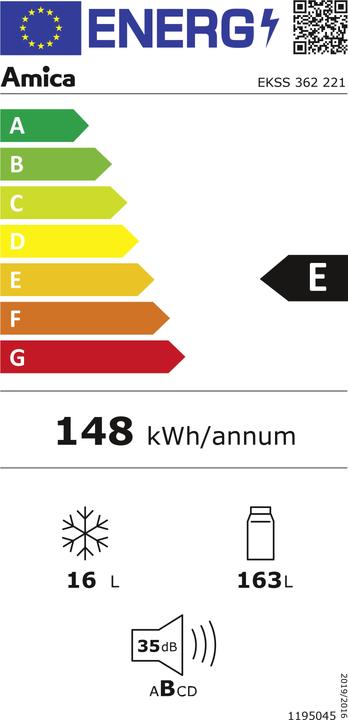Energy Label Amica EKSS 362 221 EB-Kühlschrank E 163/16L 122cm Schlepptür Inverter (179 l)