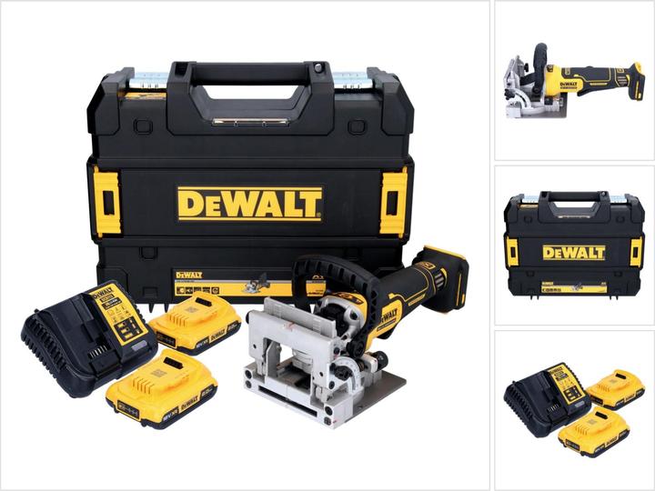 1x DeWalt DCW 682 cordless flat dowel cutter, 2x DeWalt DCB 183 18 V 2.0 Ah battery, 1x DeWalt DCB charger, 1x DeWalt TSTAK