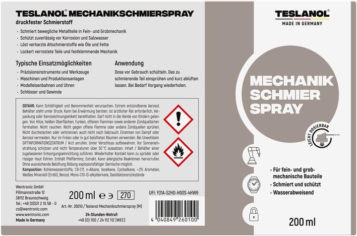 Nährwerte und Zutaten Teslanol SpezialSchmierspray (200 ml)