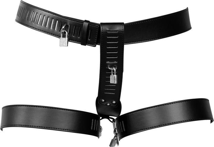Ouch! PU Leather Female Chastity Belt with Leg Restraint - Black