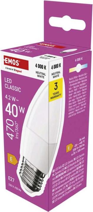 Image du produit Emos Lampe LED Classic Candle / E27 / 4,2 W (40 W) / 470 lm / Blanc neutre (E27, 470 lm, 1 x)