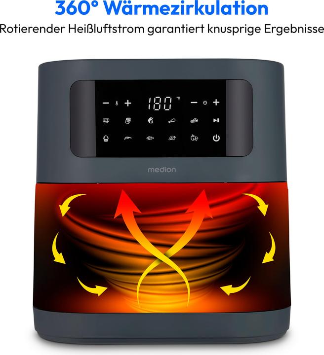 Actual product image Medion E40 XL Heissluftfritteuse (5,2 Liter, Airfryer, 2.150 Watt, 9 Automatikprogramme, Backfunktion