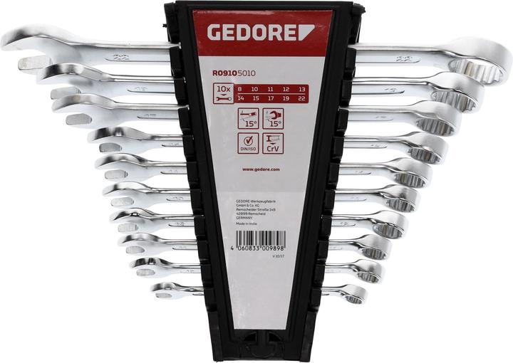 Actual product image Gedore Red red Combination spanner set, 10 pieces, SW 8-22, chrome vanadium steel, silver (10 mm, 19 mm, 29 mm, 7 mm, 8 mm)