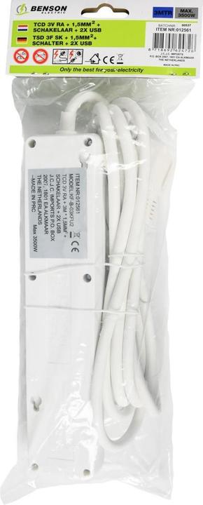 Productafbeelding Benson Electric Contactdoosstrip 3-weg + aarde + 3 x 1,5 + schakelaar (3x, CEE 7/3, 3 m)