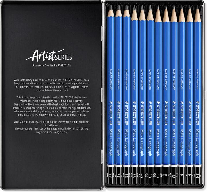 Produktbild Staedtler Mars Lumograph 100 Zeichenbleistifte (2 mm, 12B, 2B, 2H, 3B, 4B, 5B, 6B, 7B, B, F, H, HB, 12x)