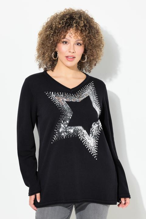 Image du produit Ulla Popken Pull à col en V et manches longues avec étoile pailletée (56)