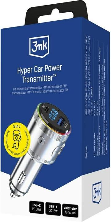 Actual product image 3MK Hyper Car Power Transmitter 48W QC PD PPS USB-C/USB-A with Audio Transmitter Silver