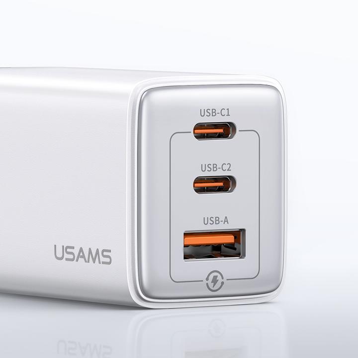 Actual product image Usams Ład. siec. 2xUSB-C+1xUSB 65W (only head) GaN PD3.0 +QC3.0 Fast Charging biały/white Sandru Ser (65 W, 3 ports)
