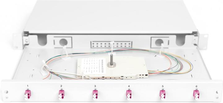 Productafbeelding Digitus Pull-out glasvezel splitterbox 1U Voorzien van 6x LC duplex incl. M 25 schroef Splice cassette F...