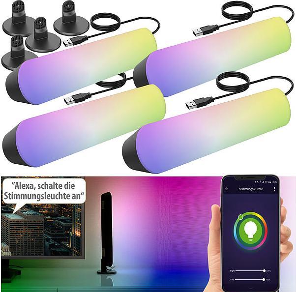 Produktbild Luminea 4er-Set WLAN-USB-Stimmungsleuchte mit RGB+CCT-LEDs, App, 80lm, 3,5 W (IP44)