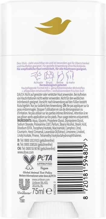 Dove Whole Body Deodorant Stick Lavendel- & Kamillenduft ohne Aluminiumsalze 75 ml (Stick, 75 ml)