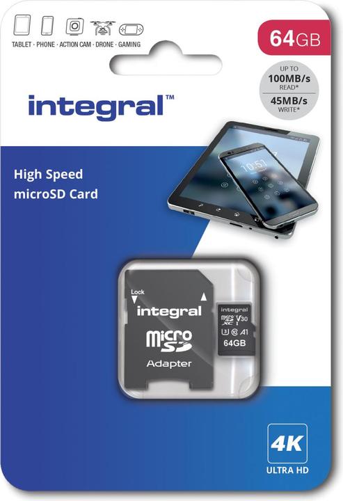 Productafbeelding INMSDX64G-100V30 64GB MICRO SD KAART MICROSDXC UHS-1 U3 CL10 V30 A1 TOT 100MBS LEZEN 45MBS (64 GB, microSD, U3, UHS-I)