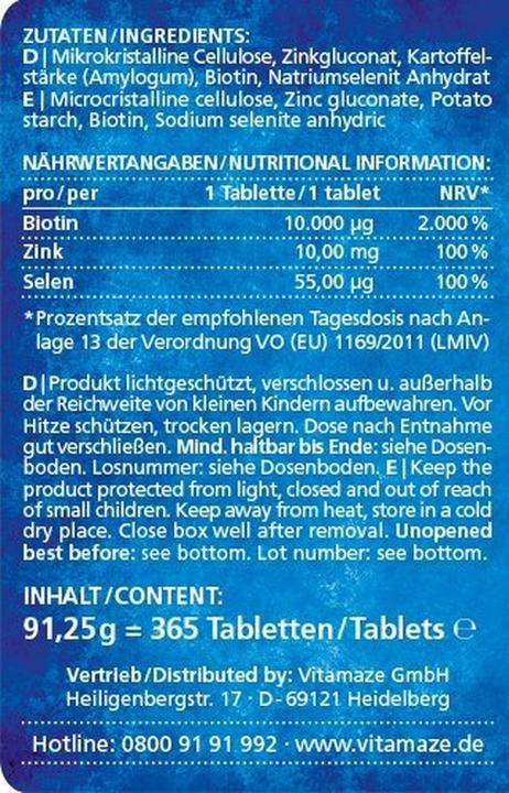 Valori nutrizionali e ingredienti Vitamaze Biotina + zinco + selenio (365 Pezzo/i, Pillole)