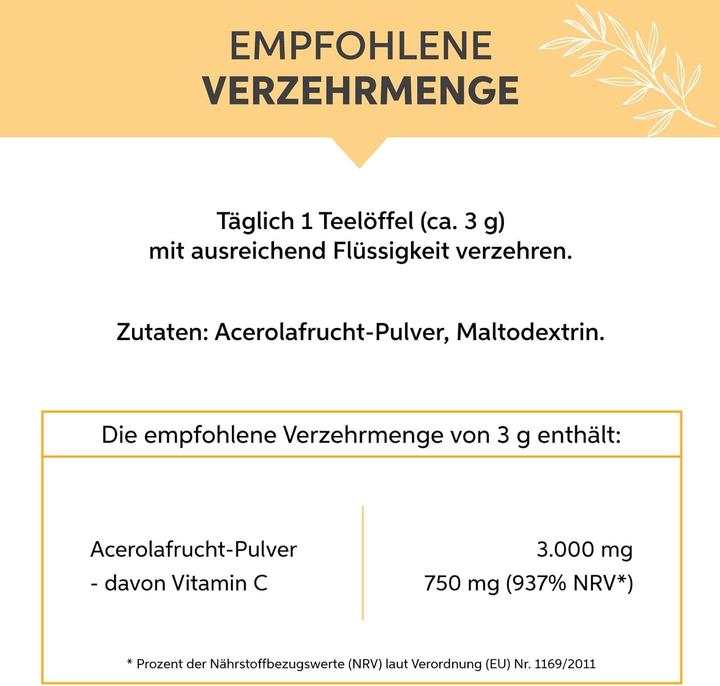 Valori nutrizionali e ingredienti Eltabia Acerola in polvere ad alto dosaggio con il 25% di vitamina C (Polvere, 200 g)