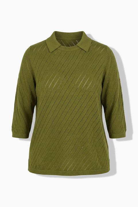 Image du produit Ulla Popken Pull-over à texture rayée, col rond, col polo, manches 3/4 (50, 52)