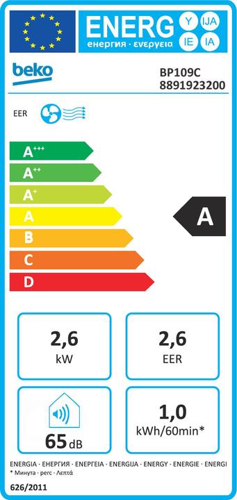 Etichetta energetica Beko BP109C - Airco (29 m², 9000 BTU/h)