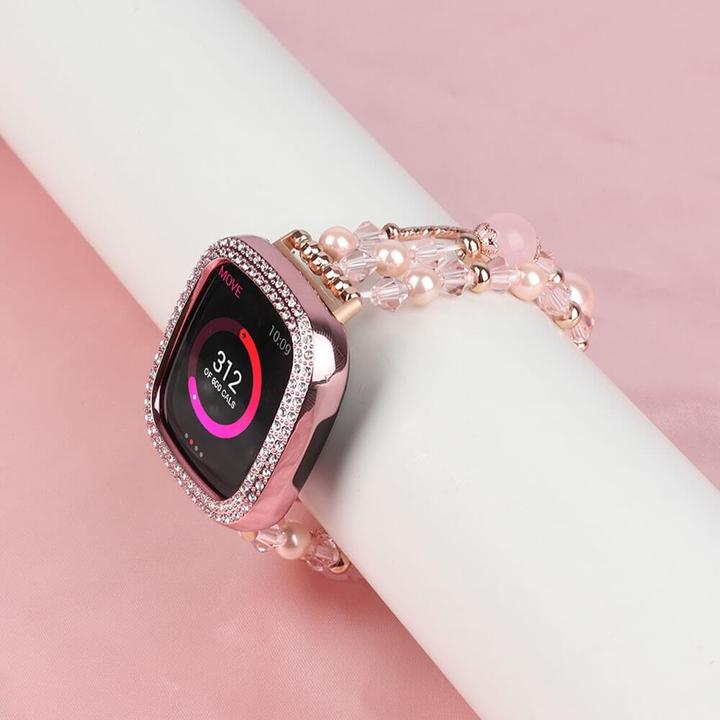 Produktbild Cover-Discount Fitbit Versa 4 / Sense 2 - Perlen Strass Armband rosa (Edelstahl, Versa)