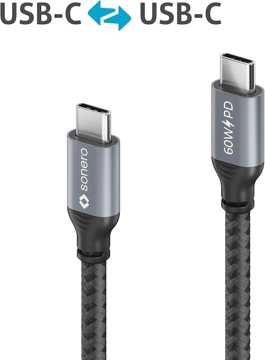 Actual product image Sonero USB-C to USB-C charging cable - USB 2.0, 60W PD grey/black - 1.50m (1.50 m, USB 2.0)