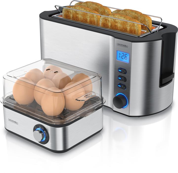 Actual product image Arendo Breakfast set, 4-slice long slot toaster with bun rack & egg cooker for 8 eggs, silver