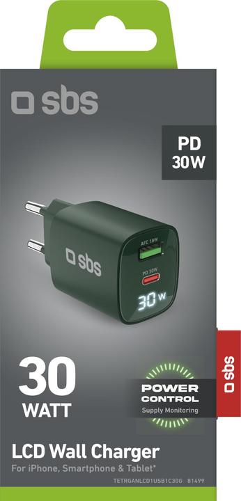 Immagine prodotto SBS Caricabatterie da parete con schermo LCD, 1 uscita USB-C PD 30W, 1 uscita USB-A 18W (30 W)