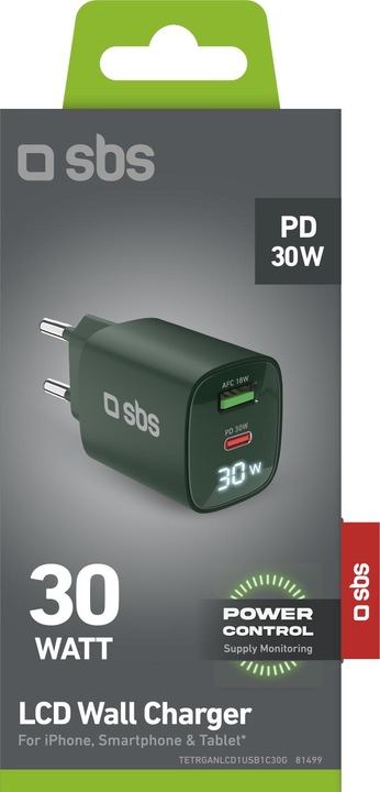 Produktbild SBS Wandladegerät mit LCD-Bildschirm, 1 USB-C-PD-30W-Ausgang, 1 USB-A-18W-Ausgang (30 W)
