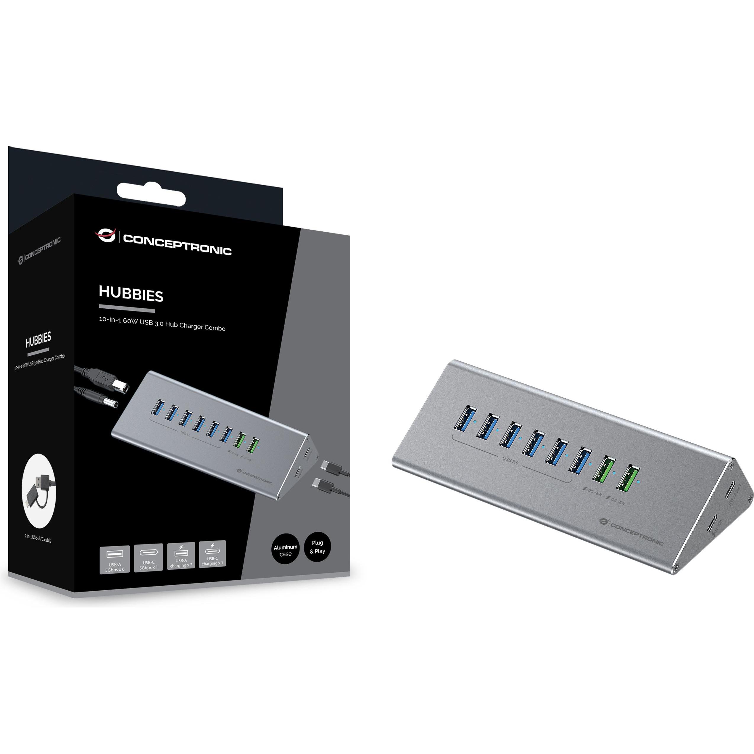 Thumbnail - Conceptronic Dock USB-C->1xUSB-C,6xUSB-A,100WPD o.N.0.37m (USB-C, 10 Ports), Dockingstation + USB Hub, Grau