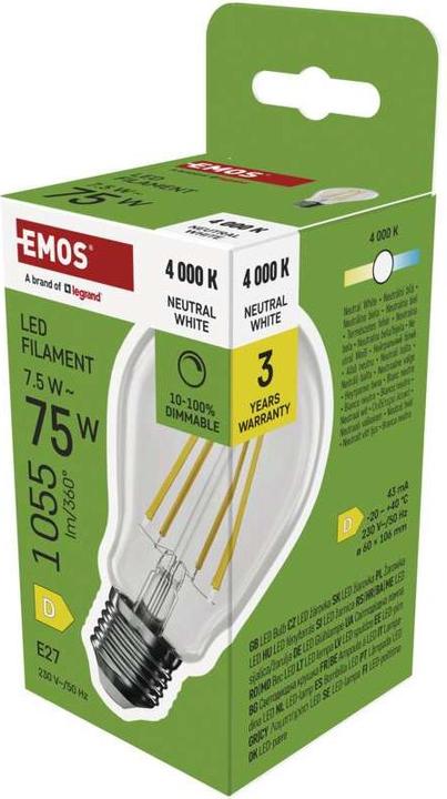 Actual product image Emos LED Lampe Filament A60 / E27 / 7,5 (75 W) / 1 055 lm / Neutral Weiss / dimmbar (E27, 7.50 W, 1055 lm, 1 x, D)