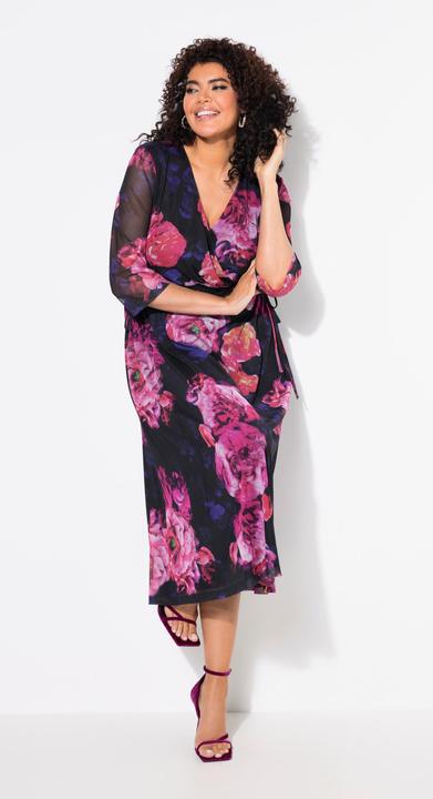 Produktbild Ulla Popken Mesh-Maxikleid, Blüten, V-Ausschnitt, Flügel-Halbarm (58)