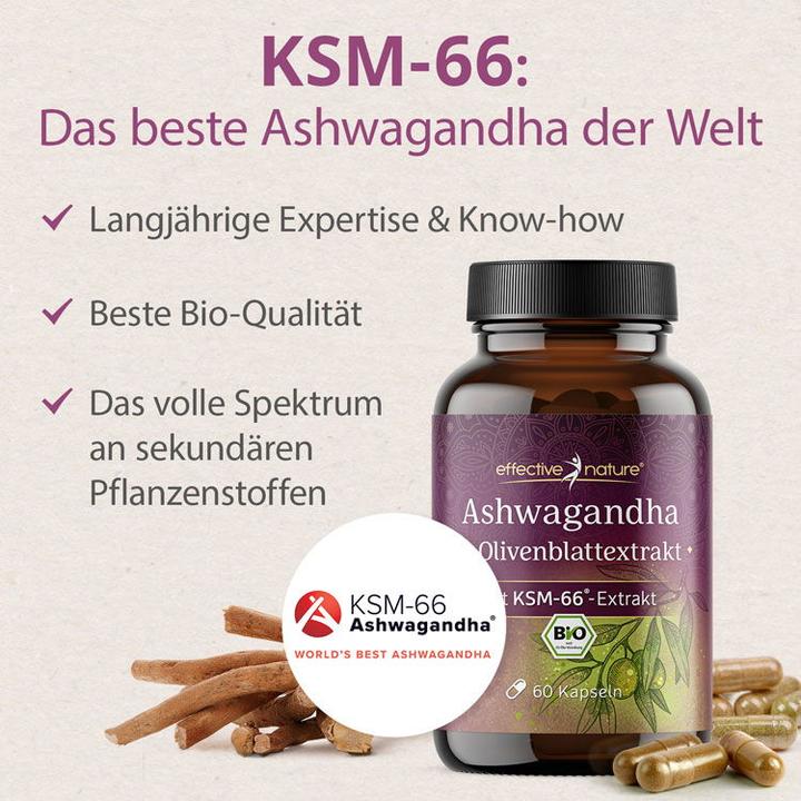 Image du produit Effective Nature Ashwagandha KSM-66 & extrait de feuille d'olivier bio (60 pièce(s), Capsules)