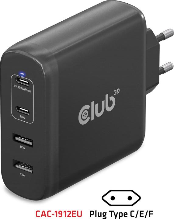 Produktbild Club 3D Ladegerät 2xUSB Typ C, 2xUSB Typ A, PD 100W retail (100 W, 4 Ports)