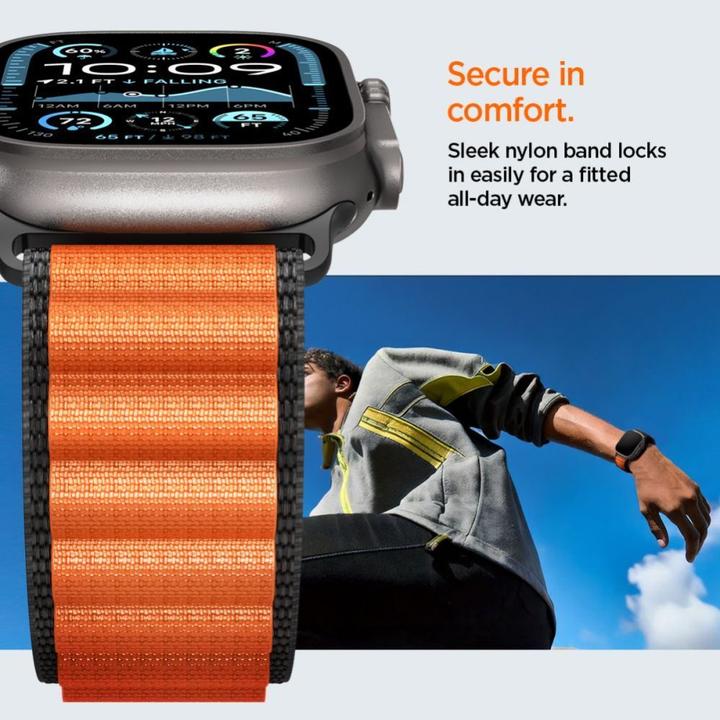 Produktbild Spigen WBF1 Armband für Apple Watch 44 / 45 / 46 / 49 mm - Schwarz und Orange (44 mm, 45 mm, 46 mm, 49 mm, Nylon)
