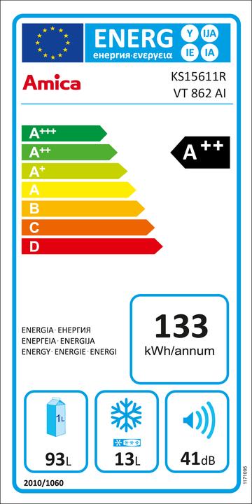 Label énergétique Amica Réfrigérateur avec compartiment de congélation KS 15611 R LxHxP 55 x 87.5 x 61.5 cm partie (106 l)