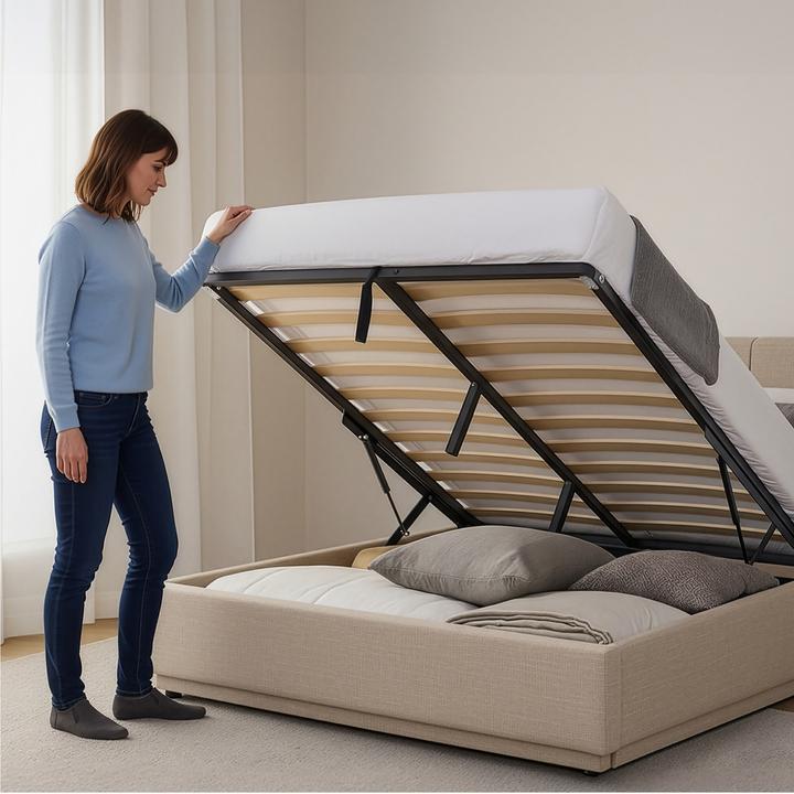 Produktbild En.Casa LED Polsterbett Tröstiar mit Matratze 160x200cm Beige