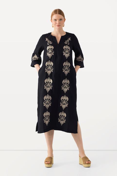 Produktbild Ulla Popken Leinen-Maxikleid, Stickerei, Tunika-Ausschnitt, 3/4-Arm (46)
