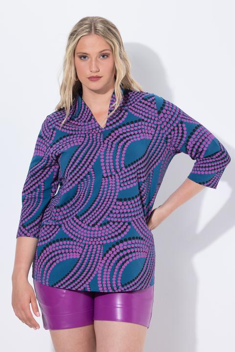 Actual product image Ulla Popken Dot Wave Print 3/4 Sleeve Goblet Collar Tee (62)