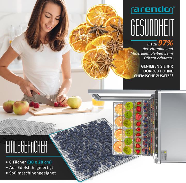 Produktbild Arendo Dörrautomat geeignet für Obst, fisch, Fleisch, Temperaturregler von 30°-85°C, 700 W, 8 Etagen, Timer