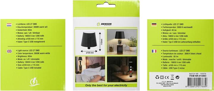 Image du produit Benson Electric Flaschenlampe, schwarz, Ø 18 x H 11,5 cm