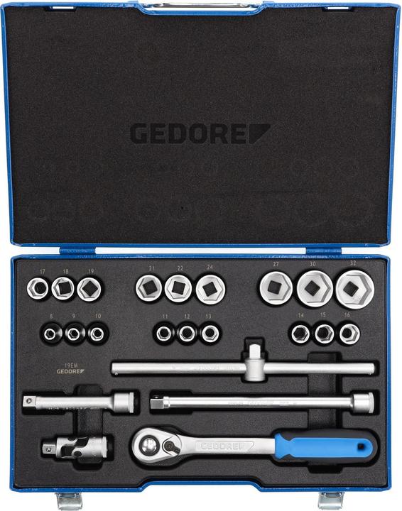 Actual product image Gedore 19 EMU-20 Socket spanner set 1/2", 23 pieces, hexagonal, 8-32 mm (32 mm, 18 mm, 11 mm, 12 mm, 20 mm, 19 mm, 27 mm, 15 mm, 25 mm, 13 mm, 21 mm, 14 mm, 29 mm, 8 mm, 10 mm, 30 mm, 23 mm, 26 mm, 22 mm, 17 mm, 28 mm, 9 mm, 16 mm, 24 mm, 31 mm)