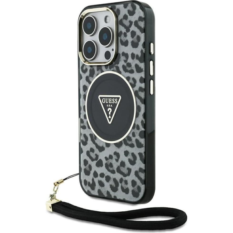 Guess HC IML Leopard Triangle Cord Strap MagSafe Case for iPhone 16 Pro - Black, Tastenhandy