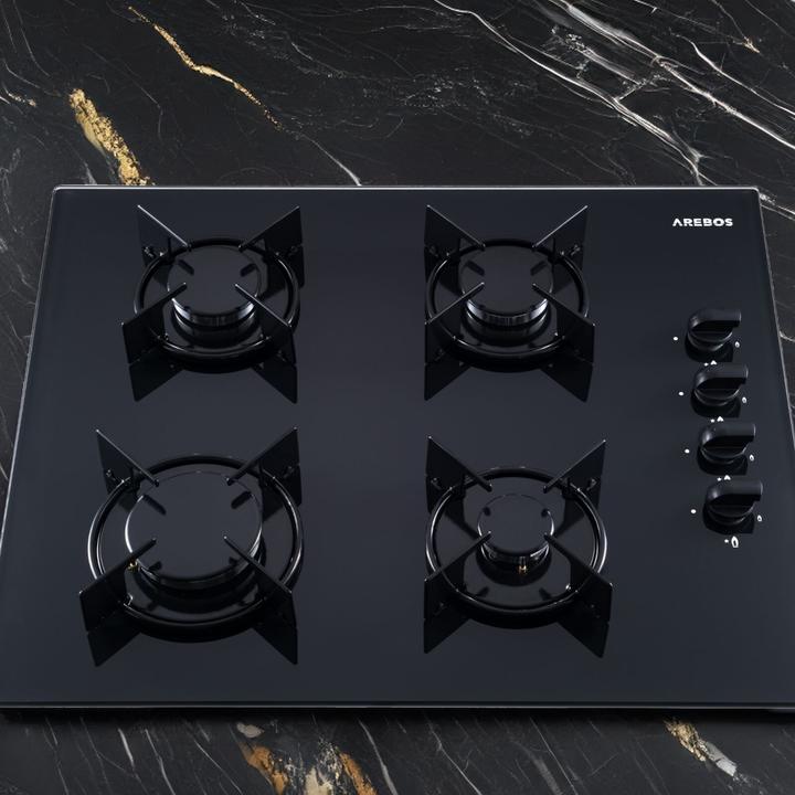 Immagine prodotto Arebos Gasherd Glas 63cm (4 Brenner) (60 cm, Piano cottura in vetroceramica)