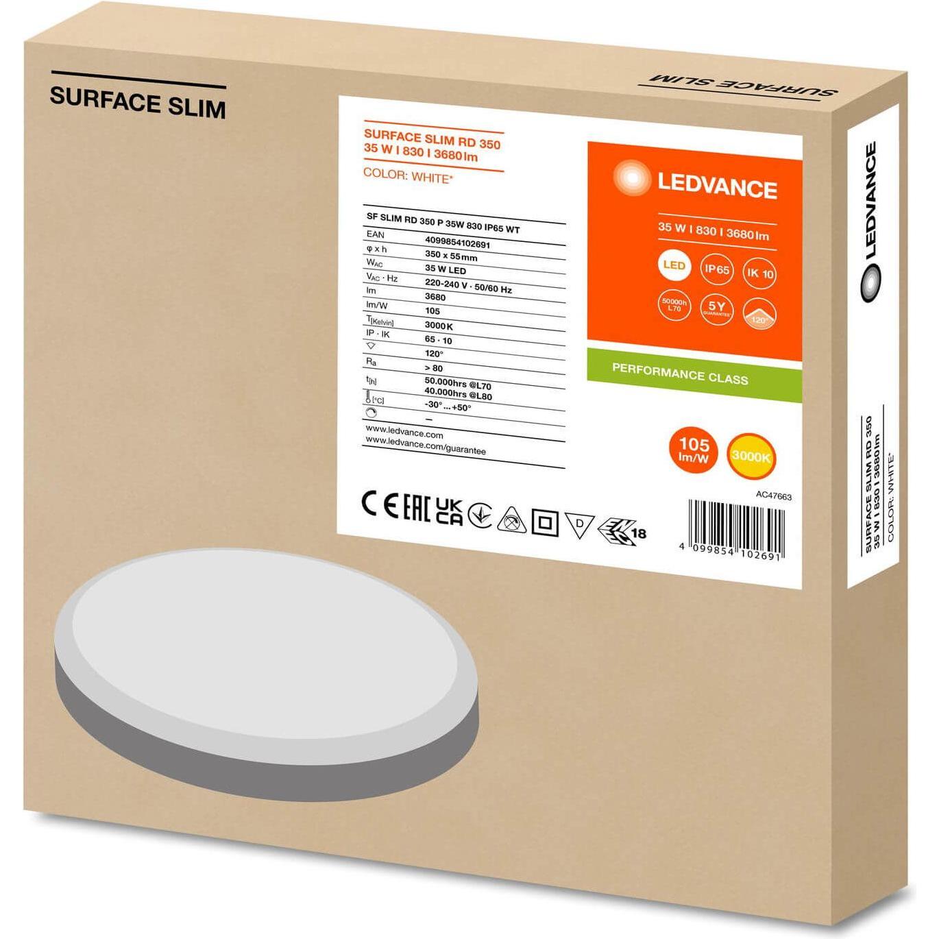Thumbnail - Ledvance, Wandleuchte + Deckenleuchte, SURFACE SLIM Wand-/Deckenleuchte IK10 rund 350 35W 830 weiss IP65 (3680 lm)