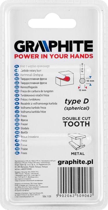 Actual product image Graphite HM D TYPE METAL CUTTER (BALL) 12 X 10 MM BOOTS 6 X 45 MM 55H362