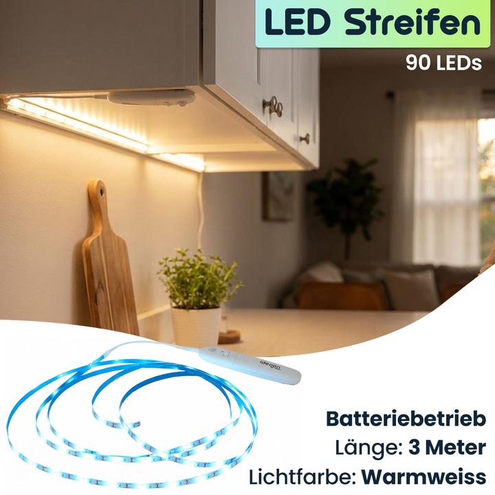 Produktbild Casativo 3m LED Streifen warmweiss mit Bewegungsmelder & Batteriebetrieb (Warmweiss, 300 cm, Indoor)