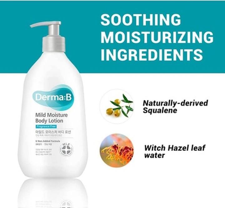 Produktbild Derma:B Derma B Mild Moisture Body Lotion Parfümfrei für trockene & empfindliche Haut mit Hamamelis und (Körperlotion, 400 ml)