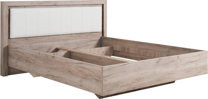 Produktbild Floki24 Doppelbett Holzbett Polsterbett Ehebett Bettrahmen mit Lattenrost Eiche Grau Kunstleder - Weiss, 160 (160 x 200 cm)