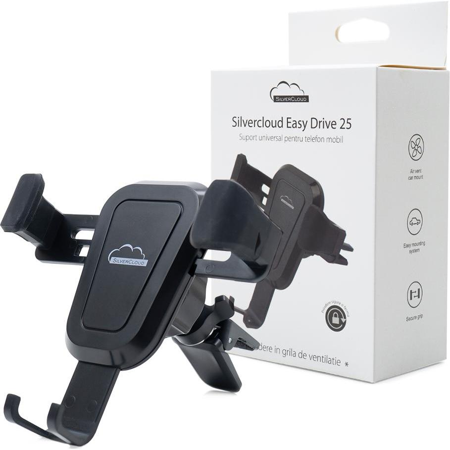 SilverCloud Universelle Halterung für das Mobiltelefon Easy Drive 25 im Lüftungsgitter, Smartphone Halterung, Schwarz